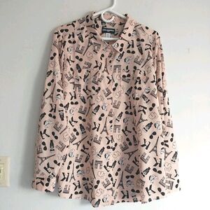 Karl Lagerfield Blouse Womens XL Pink Cats Paris Sunglasses Whimsical Novelty